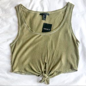 Army green ribbed tied crop tank